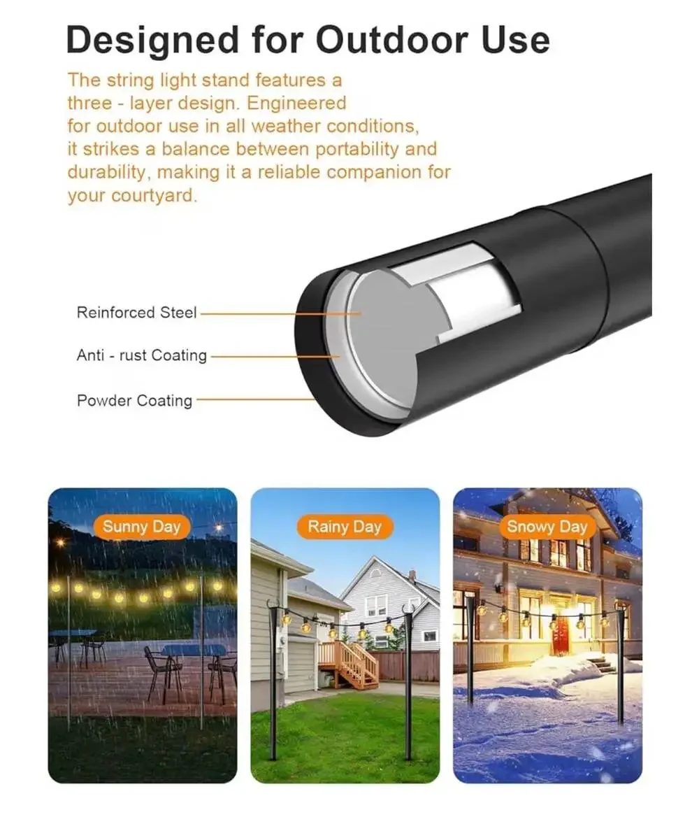 4 Pack String Light Poles for Outside, Adjustable Metal Patio Light Poles. Poles